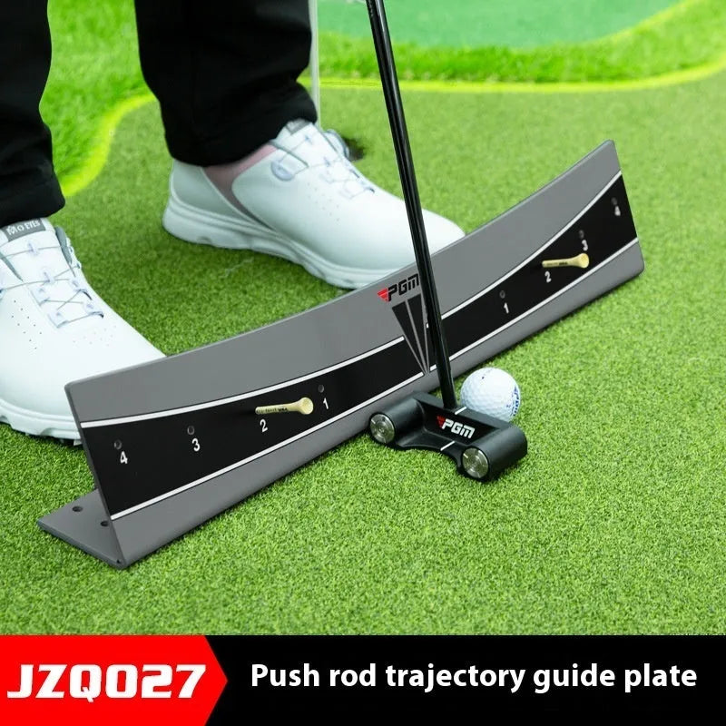 Golf putter trajectory balance simulator with adjustable push rod balancer on practice green