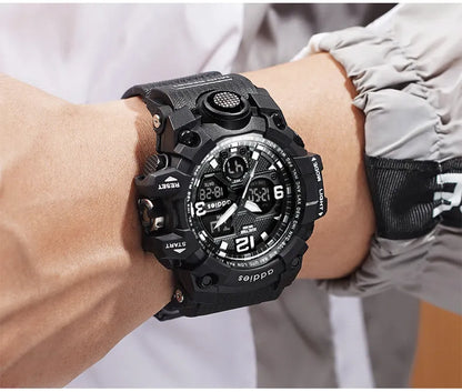 Electronic sports watch with dual analogue and digital display, plastic case, 50m waterproof, multiple colour options
