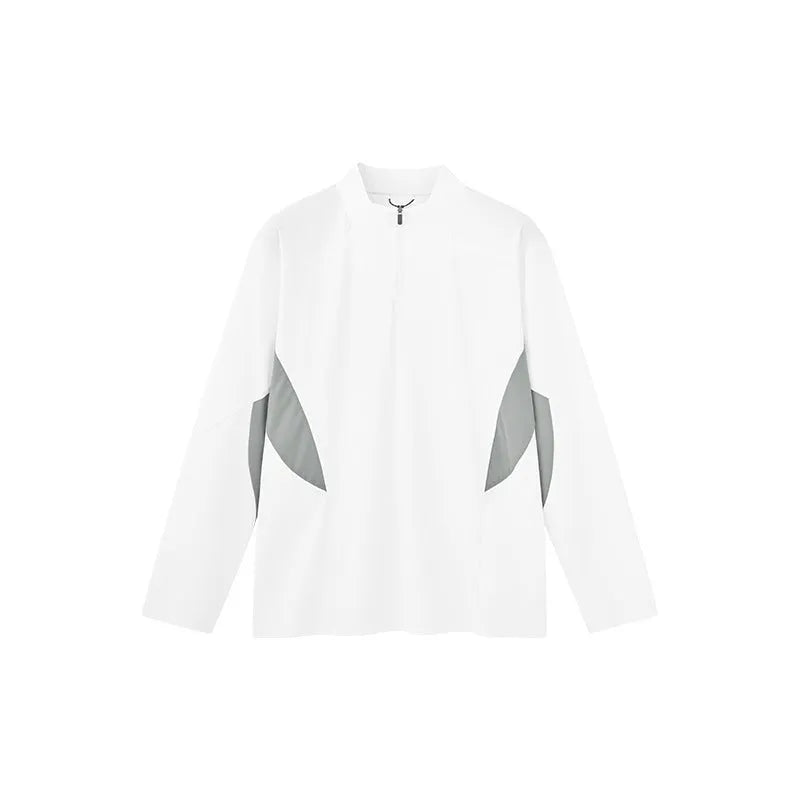 Men's solid colour polyester top with stitching detail, shown in black and beige with both long and short sleeve options