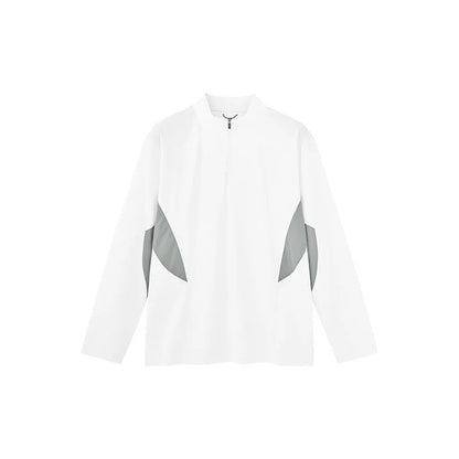 Men's solid colour polyester top with stitching detail, shown in black and beige with both long and short sleeve options