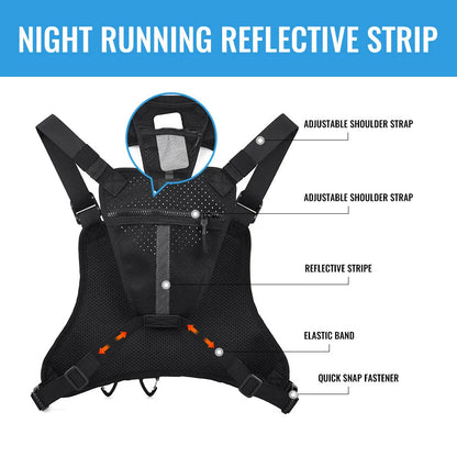 Black outdoor sports chest bag with vest straps and sewing line detailing.