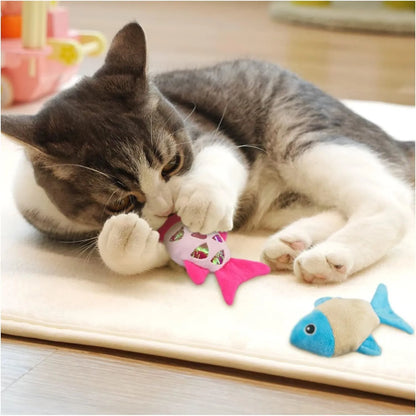 Two small plush goldfish cat toys with crinkle paper sound layer and catnip filling