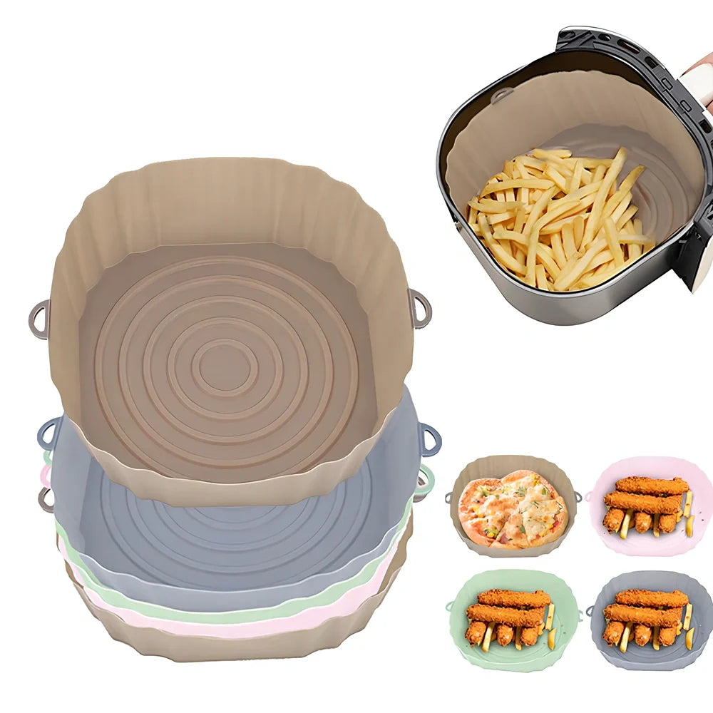 Silicone air fryer baking tray with 4.5cm depth in light grey, pink, brown or green