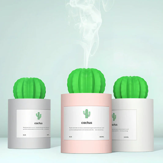 White cactus-shaped ultrasonic humidifier with 280ml tank and soft LED light, USB powered for home aroma diffusion