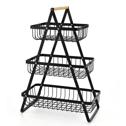 Black iron double-layer fruit basket with a wooden handle, shown detached and assembled.
