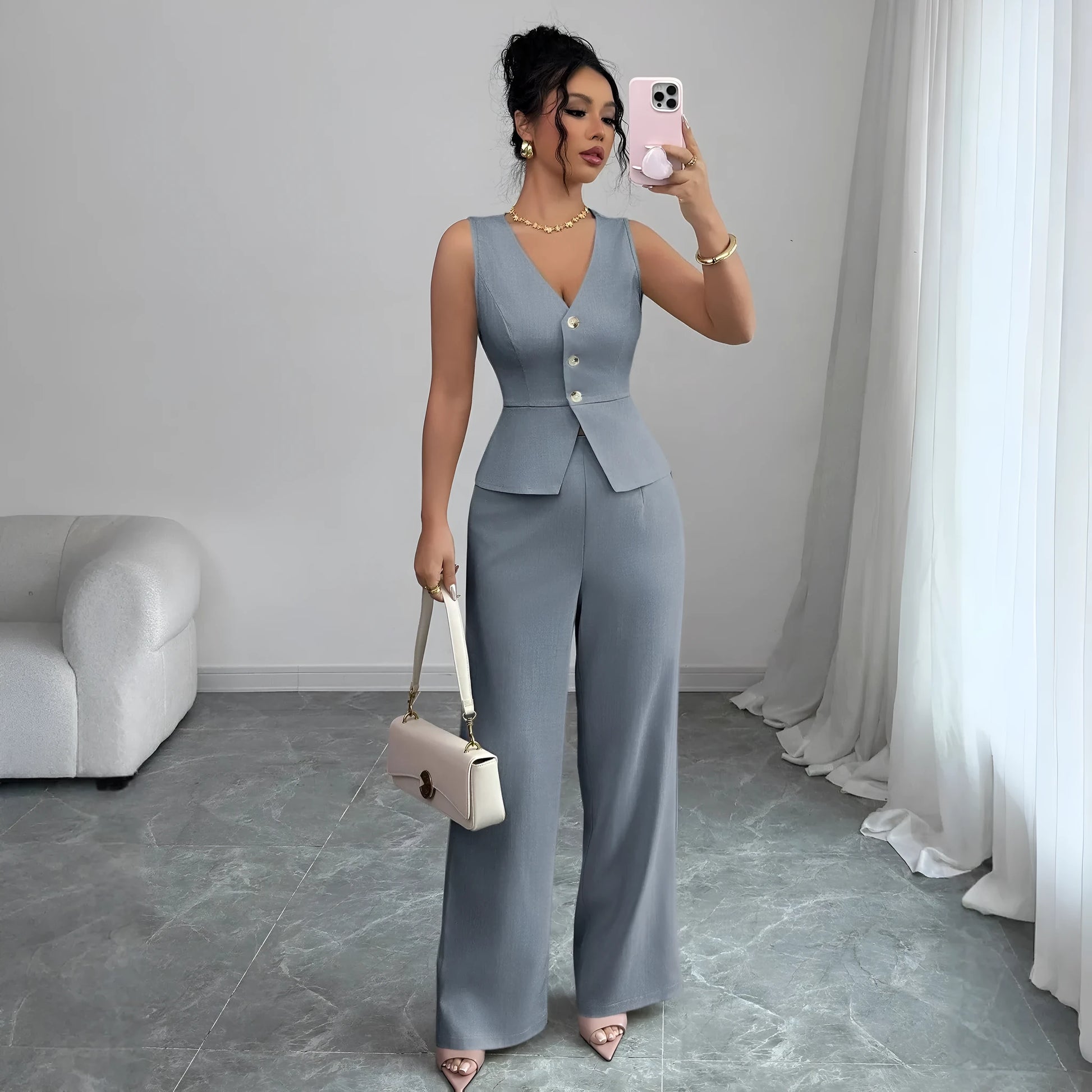 Women's sleeveless vest and high-waisted trousers two-piece set in solid colour casual design