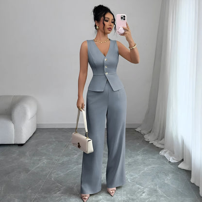 Women's sleeveless vest and high-waisted trousers two-piece set in solid colour casual design