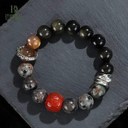 Golden obsidian flame stone red agate unisex bracelet with original design.
