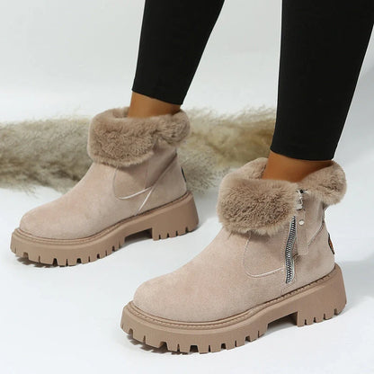 Women's snow boots with foldable plush tube and side zipper in black and khaki