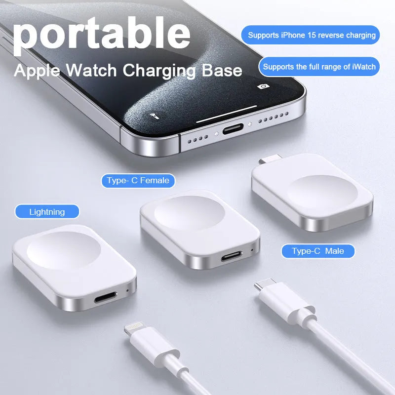 Compact black and white 3-in-1 magnetic wireless charger with integrated cables, shown next to a smartphone for scale.