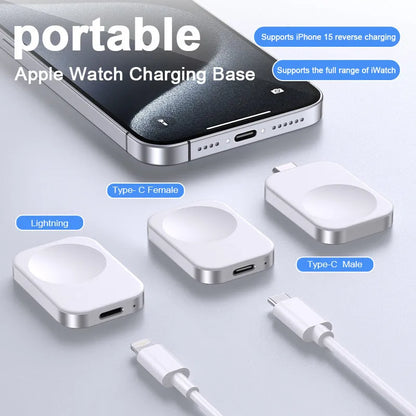 Compact black and white 3-in-1 magnetic wireless charger with integrated cables, shown next to a smartphone for scale.