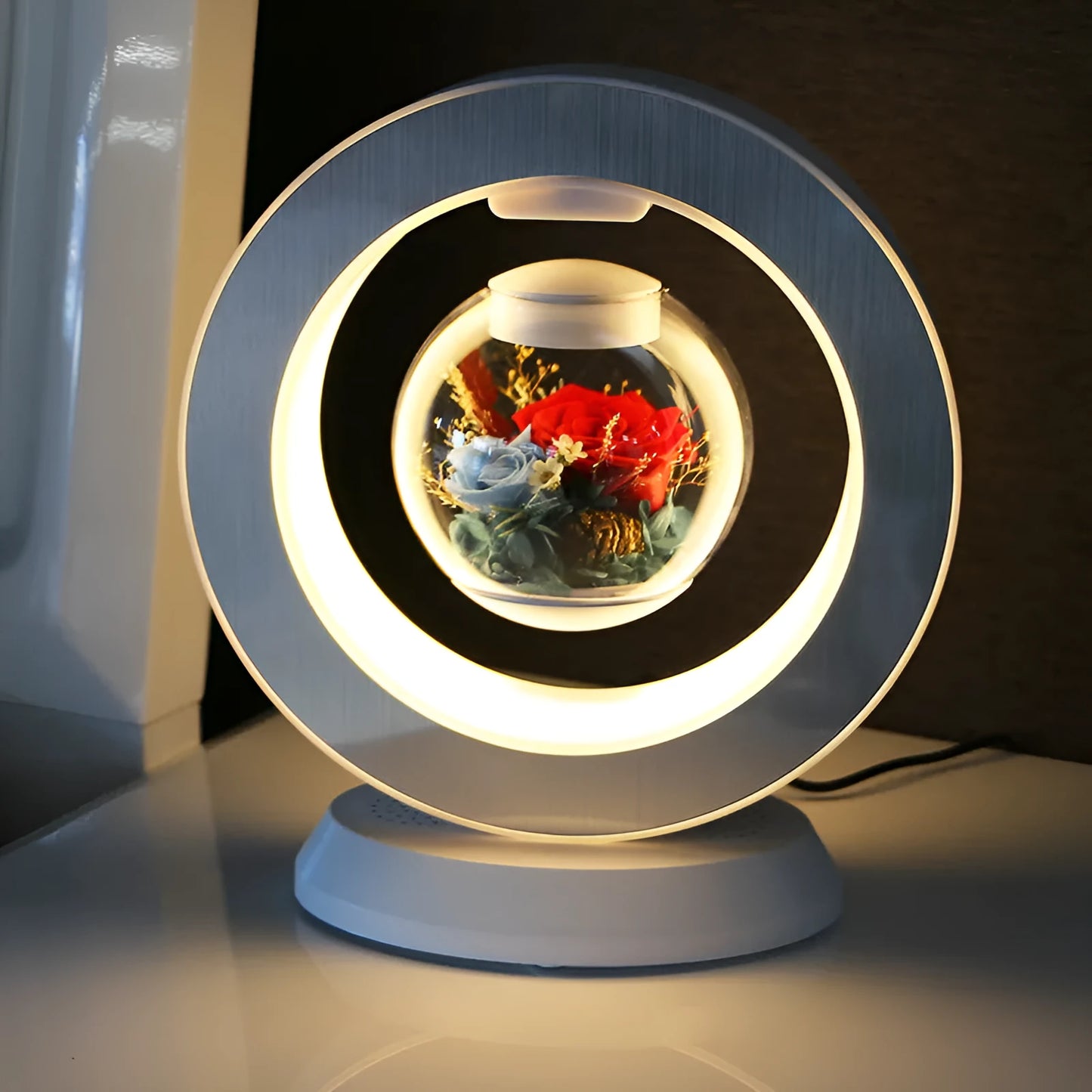Magnetic levitation eternal rose lamp with rotating 15cm flower sphere above white base