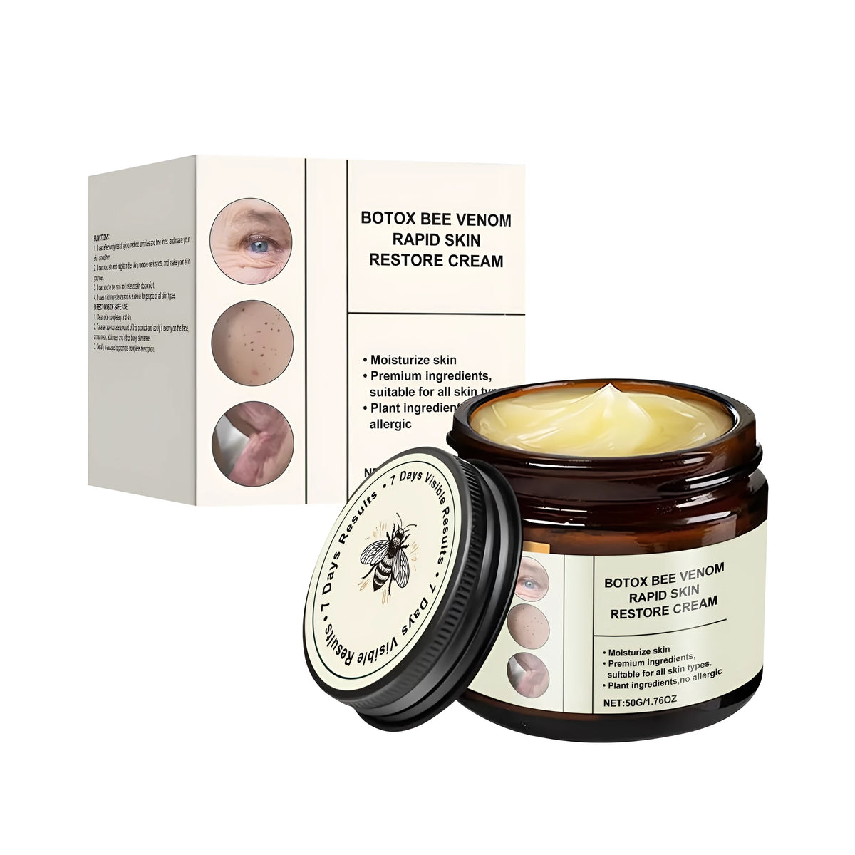 50g jar of skin care cream containing bee venom and acetyl hexapeptide-8 peptides