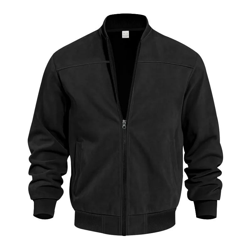 Men's plus size suede jacket in army green with regular fit and cotton lining, sizes S to XXXL.