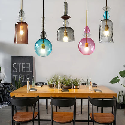 Glass chandelier with adjustable height for bar counters, showing 200mm diameter round lamp