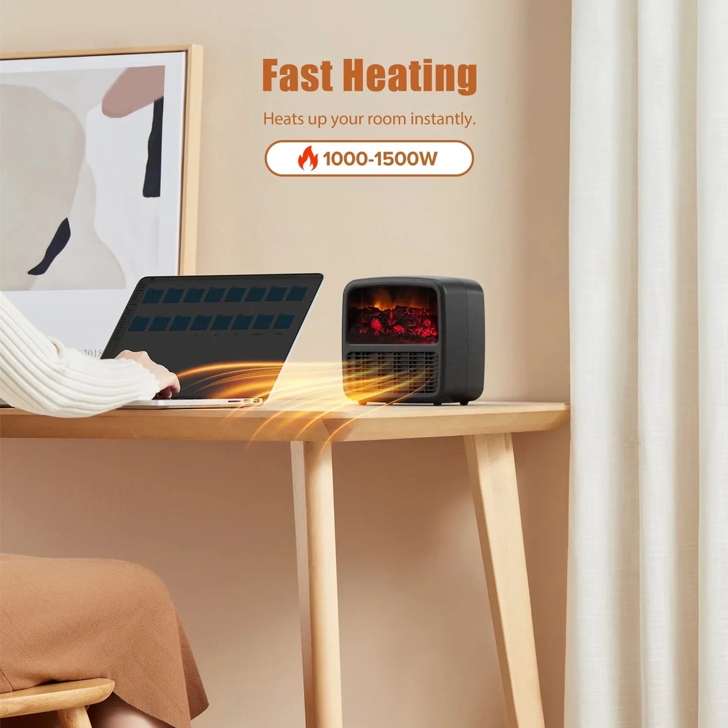 Compact black electric desktop heater with ceramic heating technology and mechanical controls for winter warmth