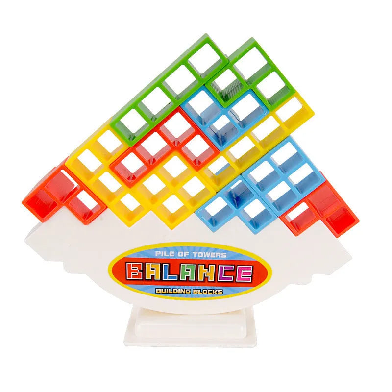 Plastic balance stacking game with 16 colourful blocks, chassis, and base for kids and adults