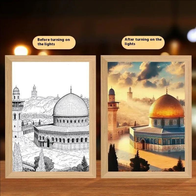 Modern rectangular light painting photo frame displaying an illuminated cross and scenic artwork.