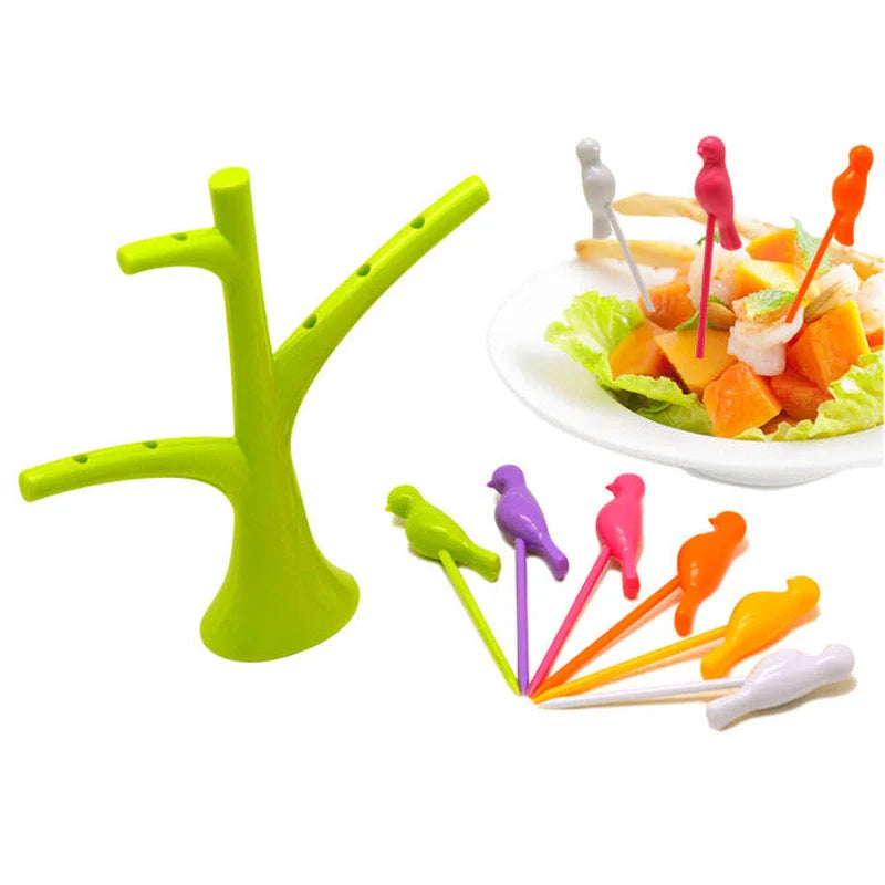 Kids' plastic fruit fork set with tree and birds design in various colours