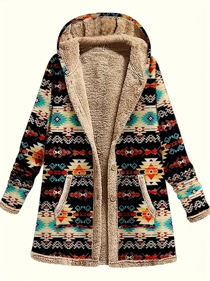 Cotton and linen printed hoodie with warm plush interior in various colors