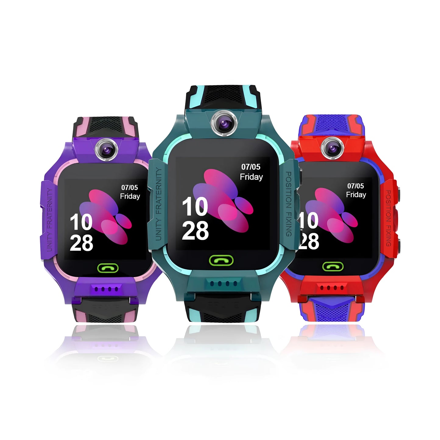 Children's smart watch with silicone wristband in pink, blue or red colour