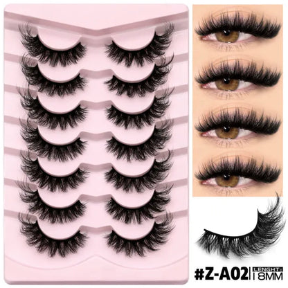 Box of natural false eyelashes with six style options, from subtle to thick volume, plus adhesive glue.