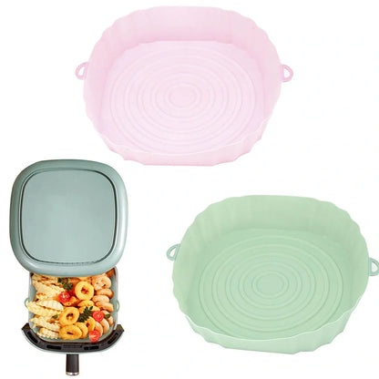 Silicone air fryer baking tray with 4.5cm depth in light grey, pink, brown or green