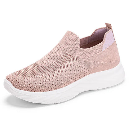Women's Flyknit casual running shoes with soft PVC sole in black, grey, pink, and blue colour options.