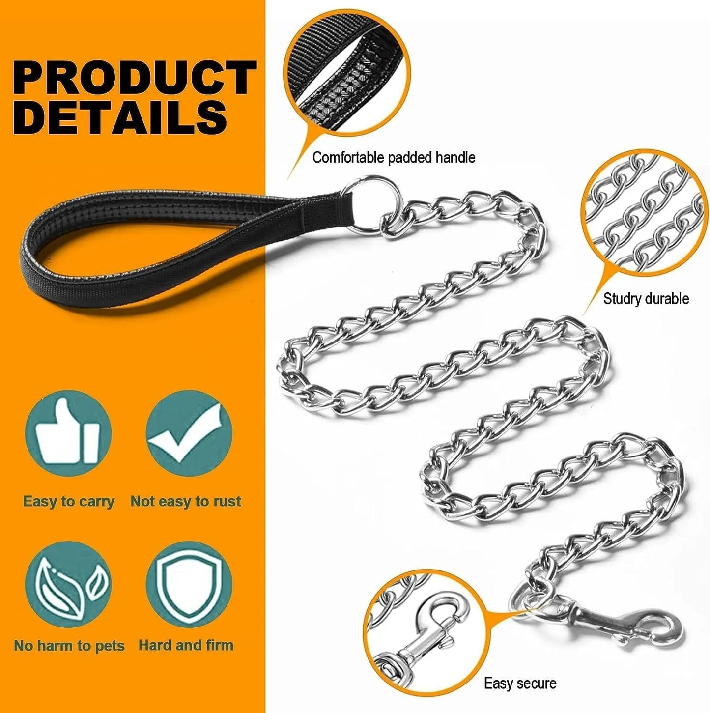 Heavy duty metal dog leash with black chain and soft padded handle, measuring 120cm in length