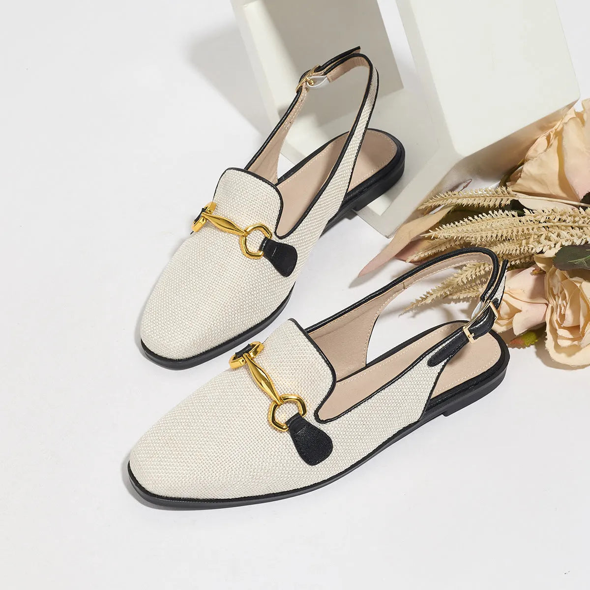 Women's closed toe half slippers with low chunky heel, linen upper, sizes 35-41, black or brown