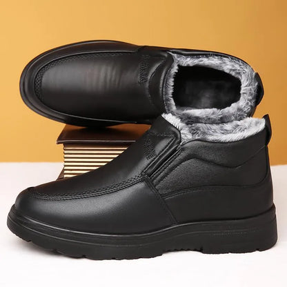 Men's black winter cotton slip-on shoes with fleece lining and rubber soles