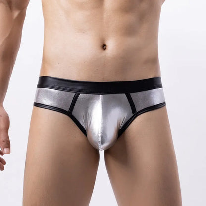 Men's gold silver red patent leather polyester swim briefs low waist body shaping