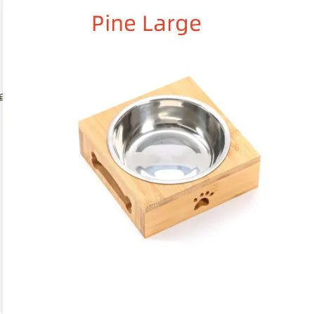 Solid wood pet dining table with elevated stainless steel feeding bowls for cat or dog