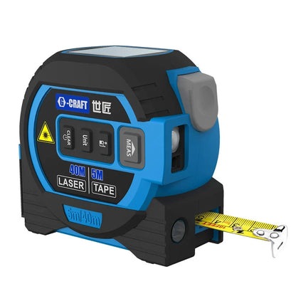 Blue and yellow laser tape measure showing laser cross projection and extended 5m steel tape