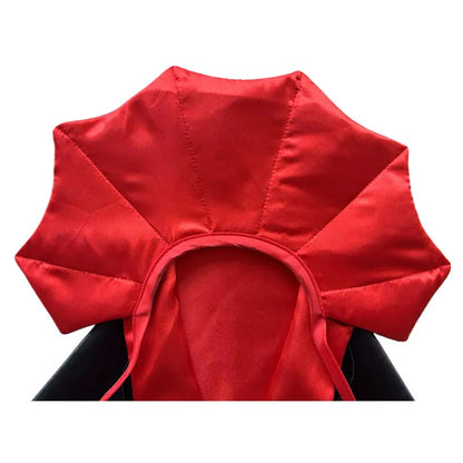 Red Halloween bat costume cloak and pointed hat on a small dog
