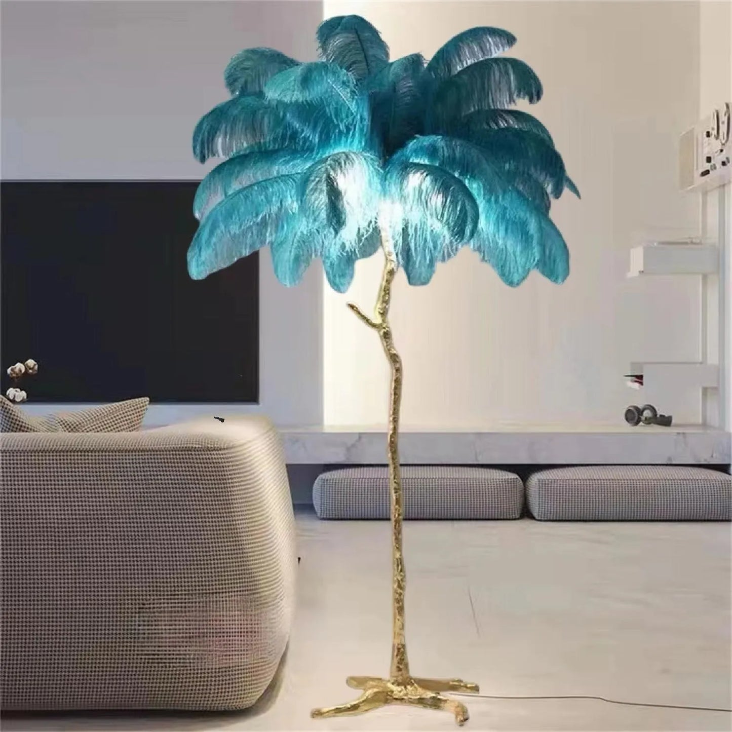 Decorative resin feather floor lamp with 32 feathers in dark green, pink or white colours measuring 170cm tall