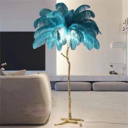 Decorative resin feather floor lamp with 32 feathers in dark green, pink or white colours measuring 170cm tall