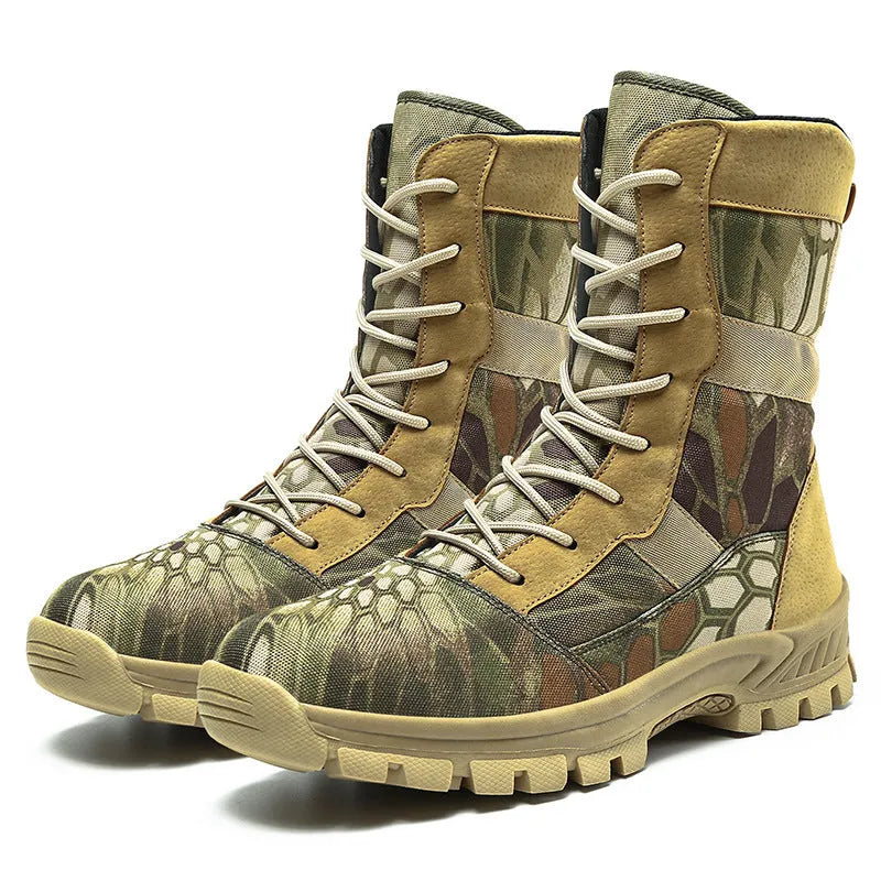 Men's plus size high-top Martin boots with mesh upper and totem detailing in black and camouflage colours