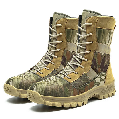 Men's plus size high-top Martin boots with mesh upper and totem detailing in black and camouflage colours