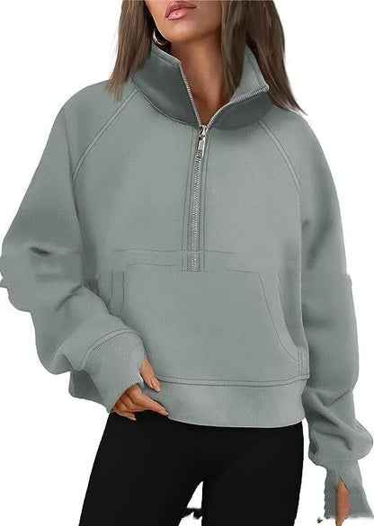 Women's loose lapel fleece-lined sweater in a solid colour with raglan long sleeves.