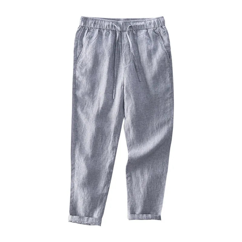 Men's straight linen trousers in four colour options showing mid waist and straight-leg cut