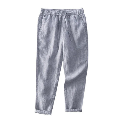 Men's straight linen trousers in four colour options showing mid waist and straight-leg cut