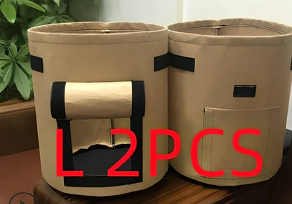 Black non-woven plant growth bag with side window and handles for potato gardening, breathable fabric, large size shown