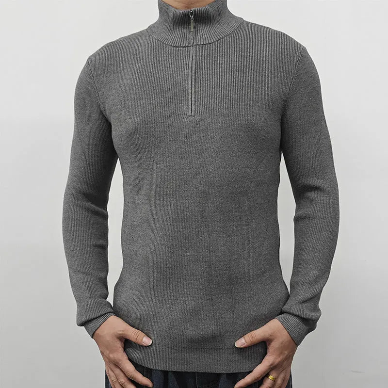 Men's black half-turtleneck zipper sweater with front zip and long sleeves, cotton-blend fabric, British style