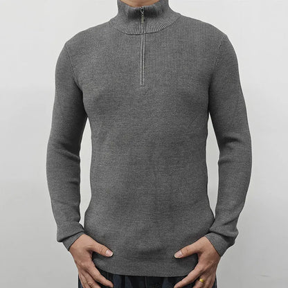 Men's black half-turtleneck zipper sweater with front zip and long sleeves, cotton-blend fabric, British style