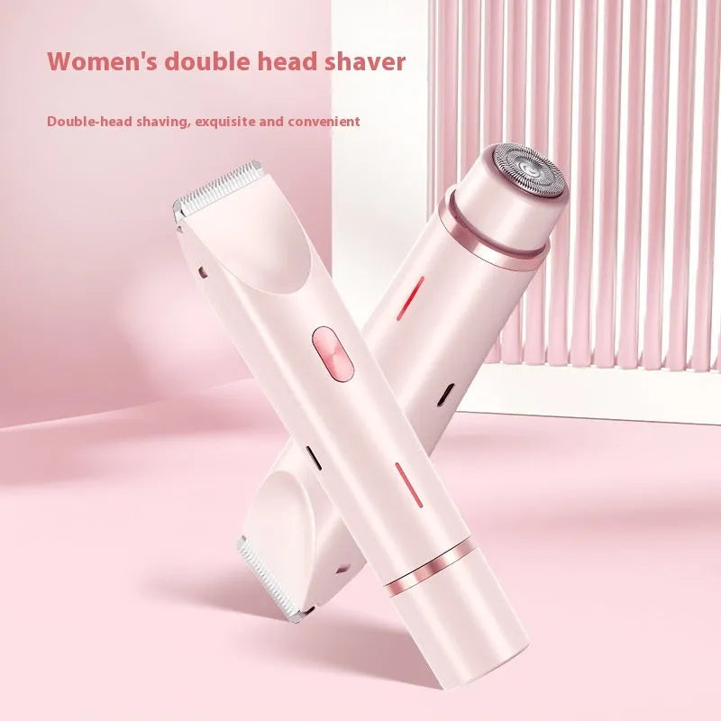 Pink electric shaver with double head, USB cable, and brush for women's body grooming