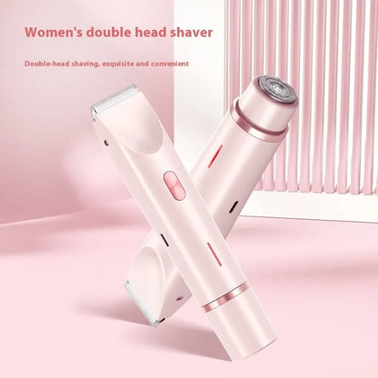Pink electric shaver with double head, USB cable, and brush for women's body grooming