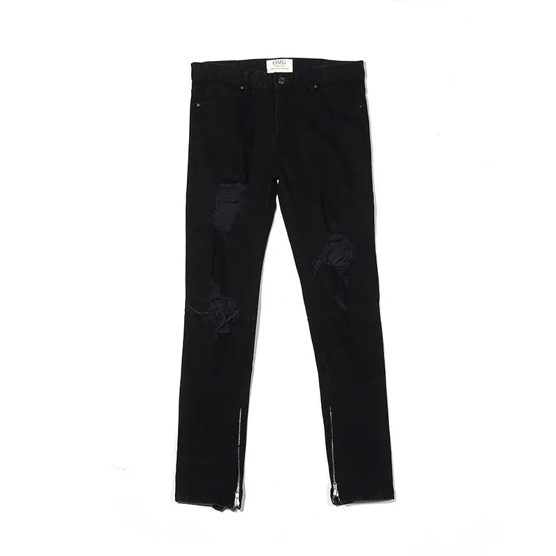 Men's black torn jeans in cotton elastic denim with medium to low waist, zip fly, and raw edges, sizes M to 2XL