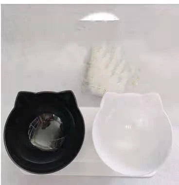 Tilted cat and dog bowls with raised stand, designed to reduce neck strain and protect cervical vertebrae.
