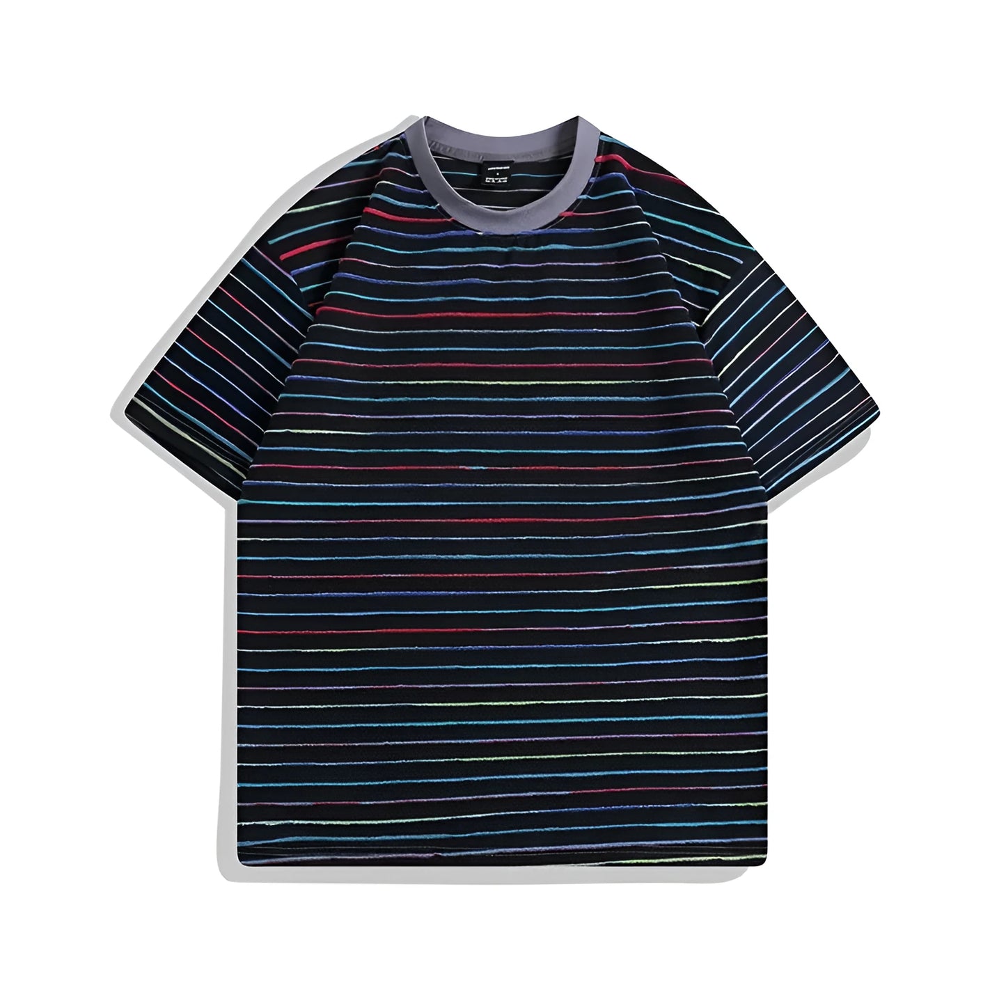 Man wearing a loose-fit striped short sleeve t-shirt with a round neck in a grey colour.